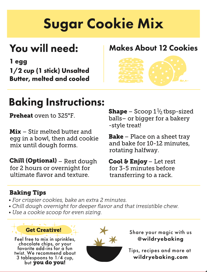 Instructions for making sugar cookie mix with ingredients and baking details.
