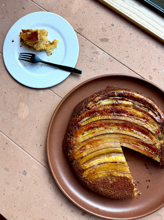 caramelized banana upside down cake with Wild Rye classic vanilla cake mix. 